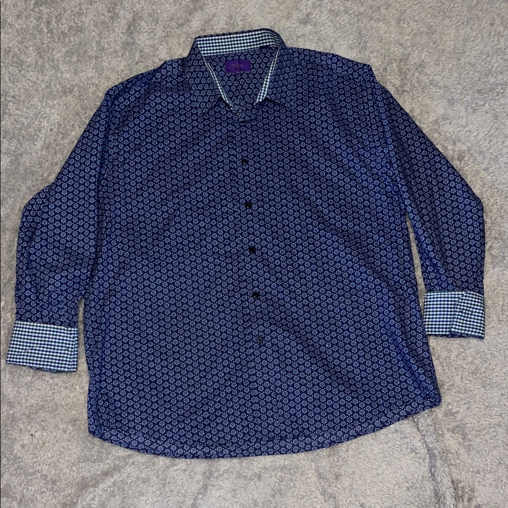 Tallia XL Floral Dress Shirt 17.5 – Blue Botanical Print with Gingham Contrast